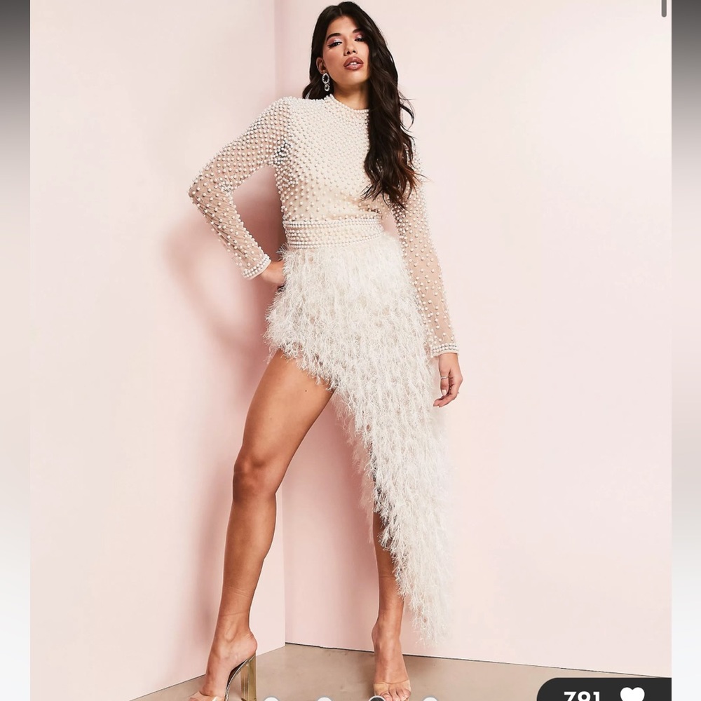 ASOS Luxe embellished high neck mini dress with faux feather skirt in blush